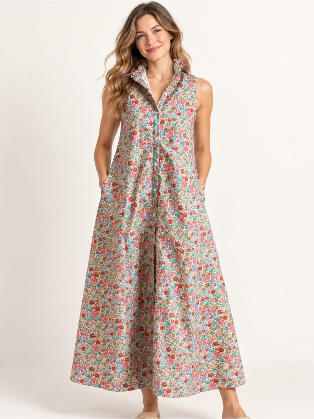 Hyacinth House Colorful Floral Maxi Dress Ruffle Nautical Lightweight Size XXS